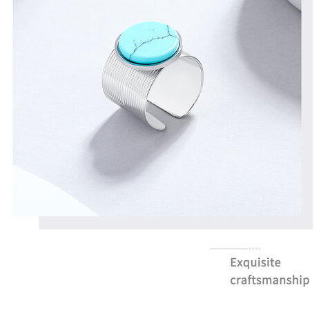 RVS zilverkleur Ring met Blauw Turquoise edelsteen – Verstelbare