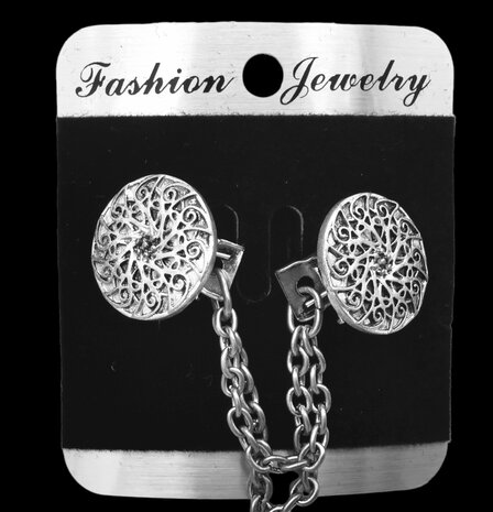 Clips aan dubbele ketting, Mandala symbool in antiek zilverkleur.