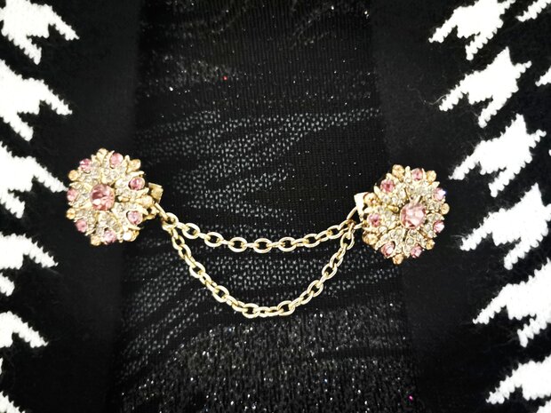 Clips met dubbel ketting, Rozet met schitterde kleur kristal en strass steentjes