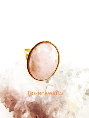 Rozenkwarts ring RVS goudkleurig, ovaal, 