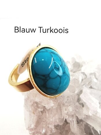 Blauw turkoois ring RVS goudkleurig, ovaal, 