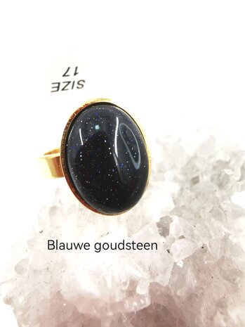 Blauw goudsteen ring RVS goudkleurig, ovaal, 