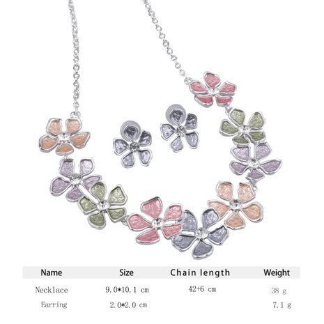 Set: Design zilverkleur ketting verschillende multi kleur emaille bloemen.