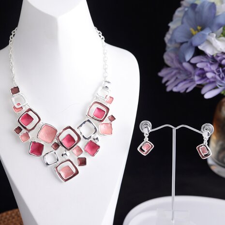 Set: Design zilverkleur ketting met vierkant multi oud roze emaille sieraden.