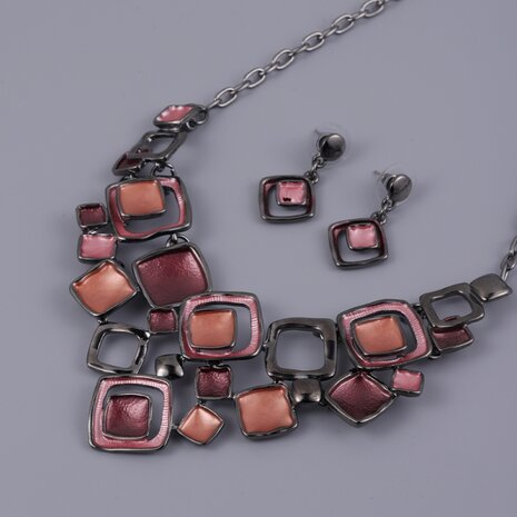 Set: Design zwart kleur ketting met vierkant multi oud roze emaille sieraden.