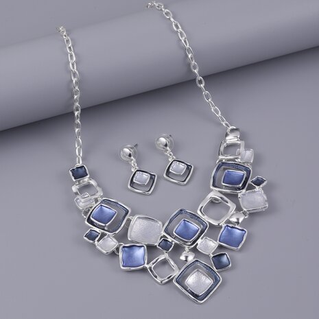 Set: Design zilverkleur met vierkant multi blauw emaille sieraden.