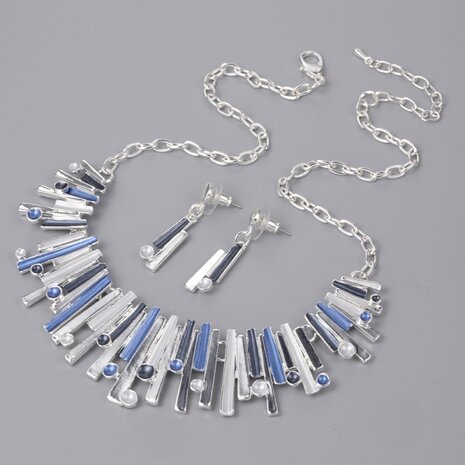 Set - Metallic Zilver/Grijs/Blauw Mat Emaille Abstracte Staafketting & Oorstekers In Zilverkleurig 