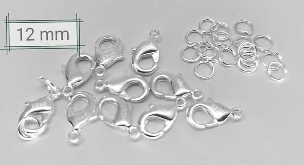 100 x 925 verzilverd karabijnsluiting L 12 mm gratis 20 verzilverd open ringetjes. 