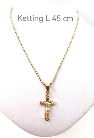 Goldfarbene 45 cm lange Kette aus Edelstahl mit Jesuskreuz.