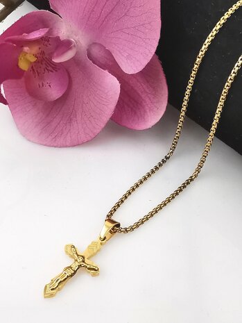 Goldfarbene 45 cm lange Kette aus Edelstahl mit Jesuskreuz.