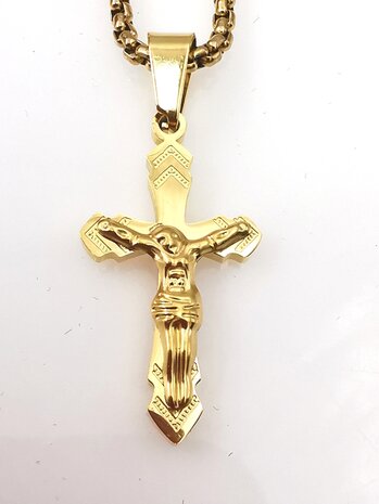 Goldfarbenes Kreuz aus Edelstahl mit Jesus.