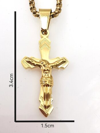 Goldfarbenes Kreuz aus Edelstahl mit Jesus.