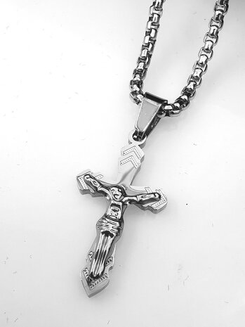 Edelstahl 45 cm Herren Halskette mit Kreuz mit Jesus