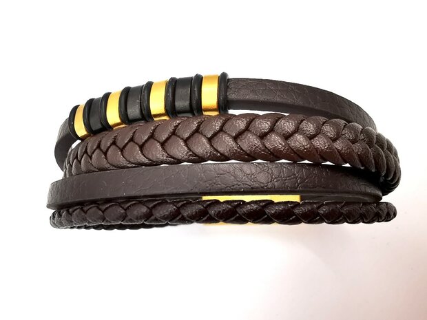 Armband Heren bruine 4 banden Leer met RVS Accenten | Incl Verlengstuk