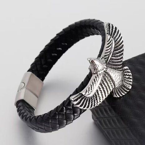 Armband Heren Adelaar Zwart Leer met RVS Accenten Incl Verlengstuk