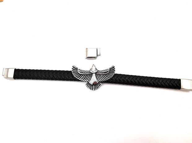 Armband Heren Adelaar Zwart Leer met RVS Accenten Incl Verlengstuk