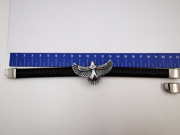 Armband Heren Adelaar Zwart Leer met RVS Accenten Incl Verlengstuk