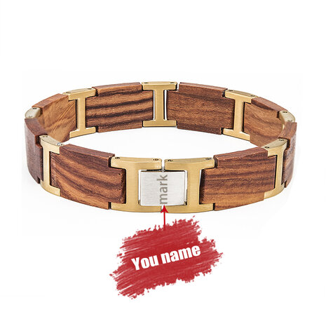 Armband Warm Roodbruine Mahonie houten L 21.5cm RVS tussenschakels goudkleurig