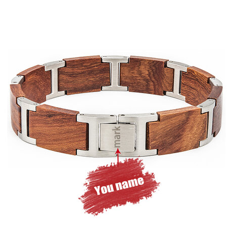 Armband Roodbruine Mahonie houten L 21.5 cm, RVS tussenschakels