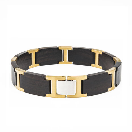 Armband Zwarte Ebony houten L 21.5 cm RVS tussenschakels goudkleurig