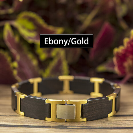 Armband Zwarte Ebony houten L 21.5 cm RVS tussenschakels goudkleurig