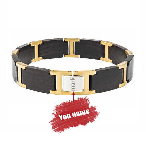 Armband Zwarte Ebony houten L 21.5 cm RVS tussenschakels goudkleurig