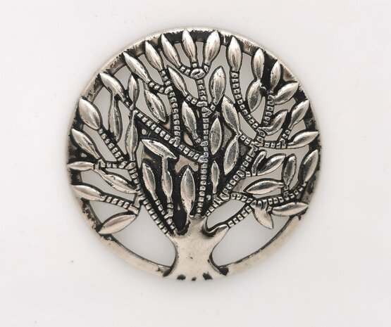 Magneet, broche, rond, Tree of life (levensboom) , zilverkleurig voor omslagdoek, sjaal en vest te sluiten.