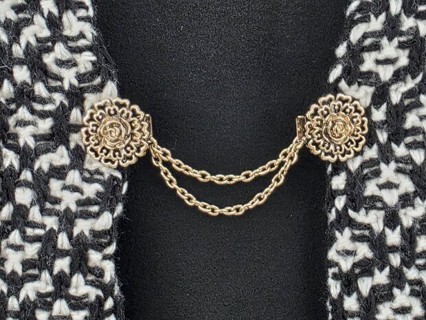 Clips met dubbel ketting, roos hartenblad, in antiek goudkleur.