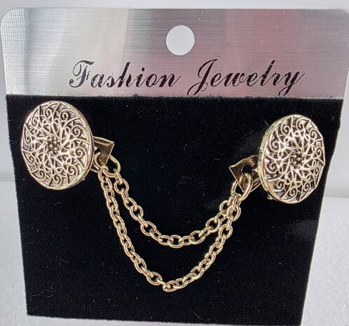 Clips aan dubbele ketting, Mandala symbool in antiek goudkleur.