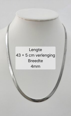 Platte Choker ketting rvs, zilverkleurig, L 43 + 5 cm, Br 4mm