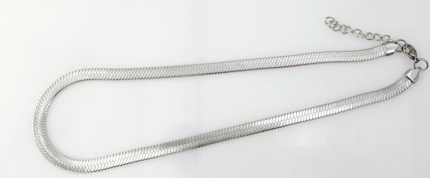 Platte Choker ketting rvs, zilverkleurig, L 43 + 5 cm, Br 6mm