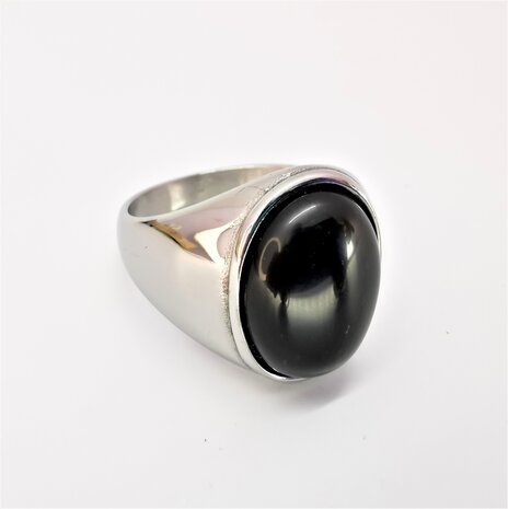 Ovale brede zegelring in edelstaal met Onyx edelsteen maat 21 t/m 23