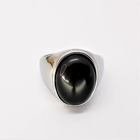 Ovale brede zegelring in edelstaal met Onyx edelsteen maat 21 t/m 23