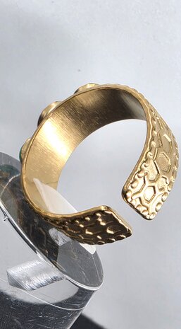 Edelstahlring mit drei gr&uuml;nen Achat-Edelsteinen, goldfarben