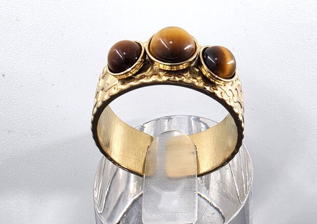 Edelstahlring mit drei Tigeraugen-Edelsteinen, goldfarben