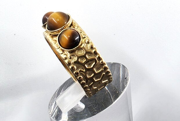 Edelstahlring mit drei Tigeraugen-Edelsteinen, goldfarben