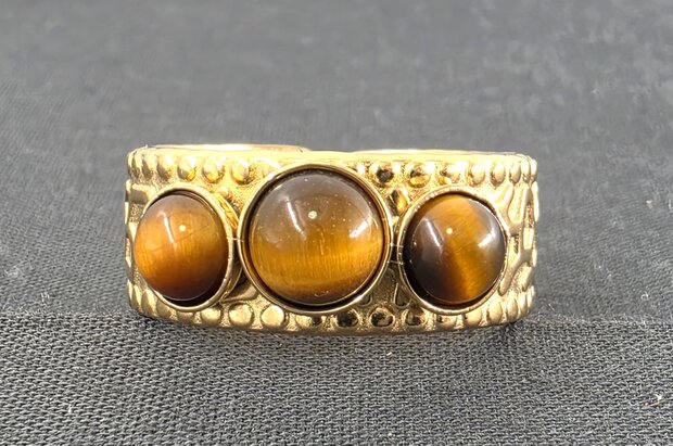 Edelstahlring mit drei Tigeraugen-Edelsteinen, goldfarben