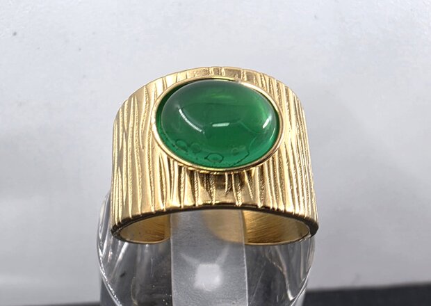 Edelstahlring mit Achat-Edelstein, gr&uuml;n-goldfarben, verstellbar