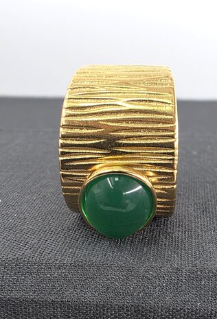 Edelstahlring mit Achat-Edelstein, gr&uuml;n-goldfarben, verstellbar