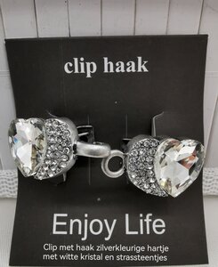 Vestsluiting clip met haakje, hartje kristal en strass steentjes 